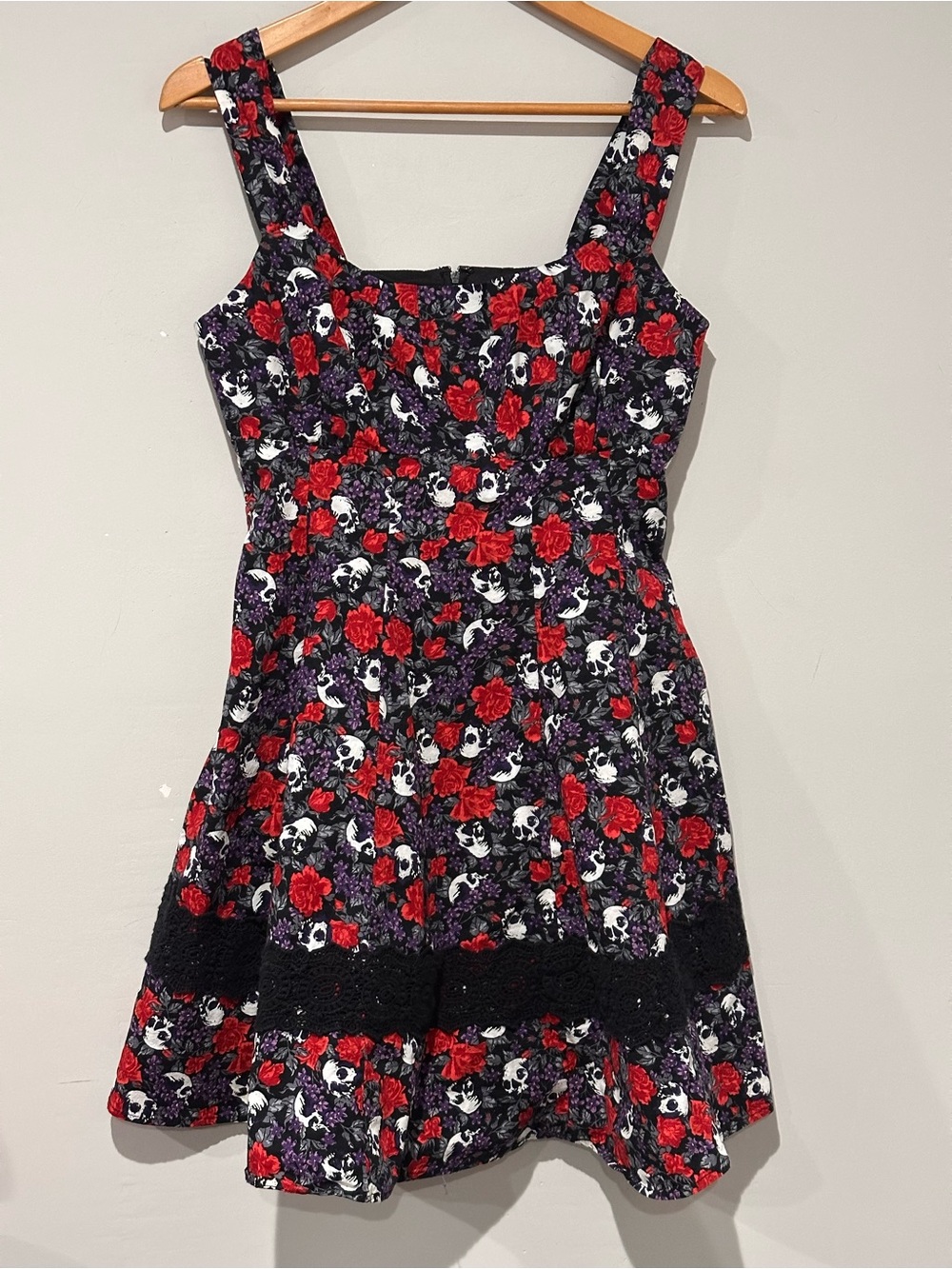 Hot Topic Black Dress with Red Roses and Purple Floral Skull Print